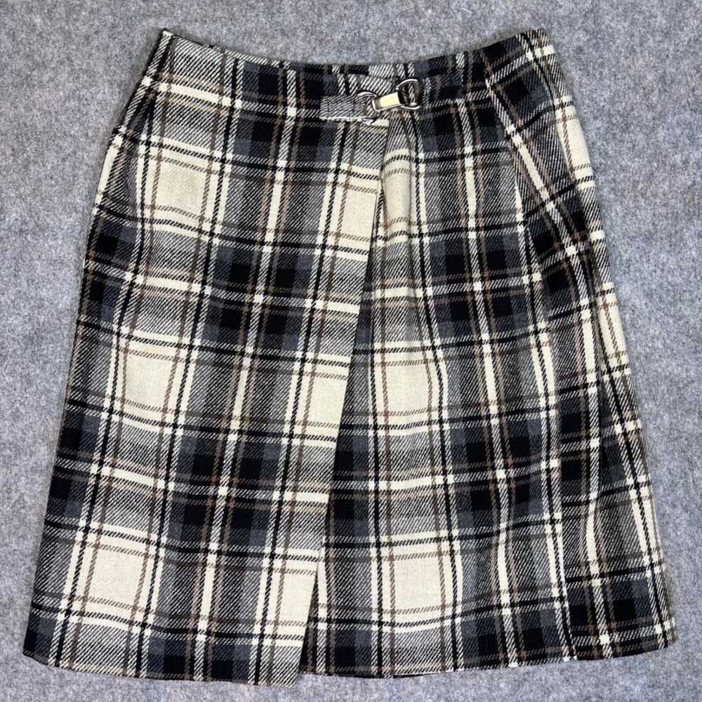 NYCC Plaid Wrap Skirt 6 Black Grey Wool Blend USA Union Made VTG NY Clothing Co
